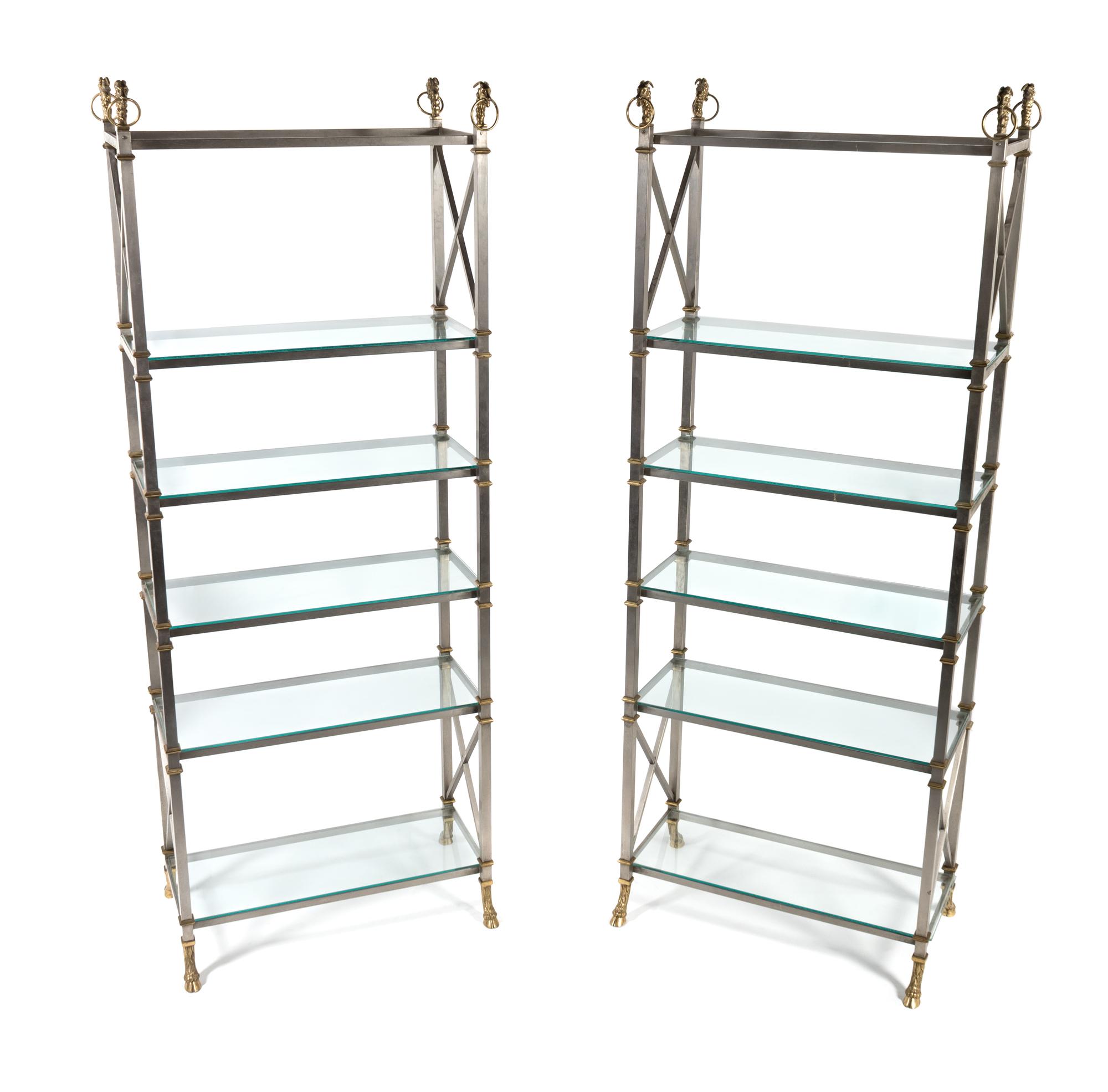 Pair of Silvered Metal and Glass Shelves