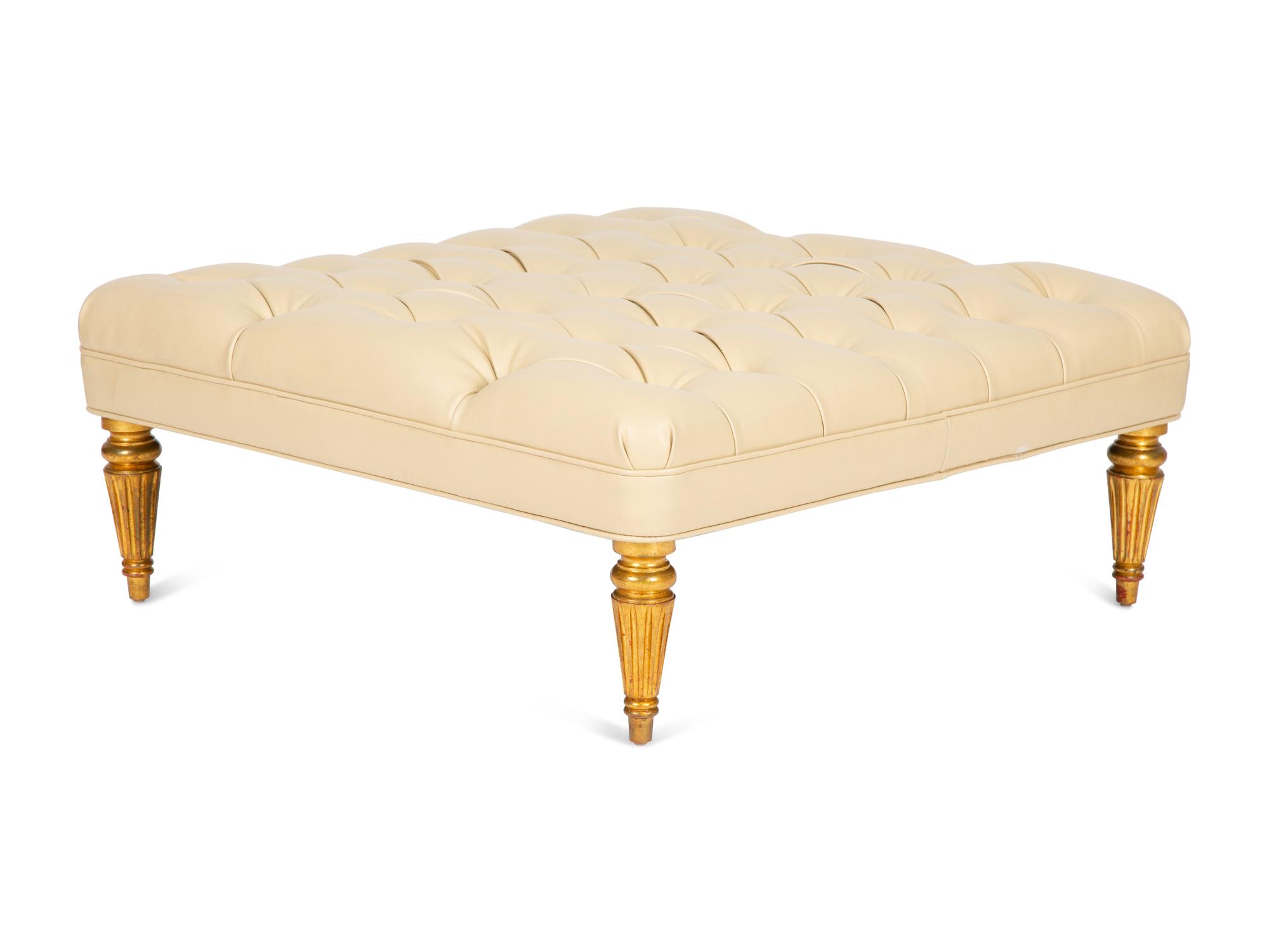A Louis XVI Style Giltwood and Button Tufted Upholstered Ottoman