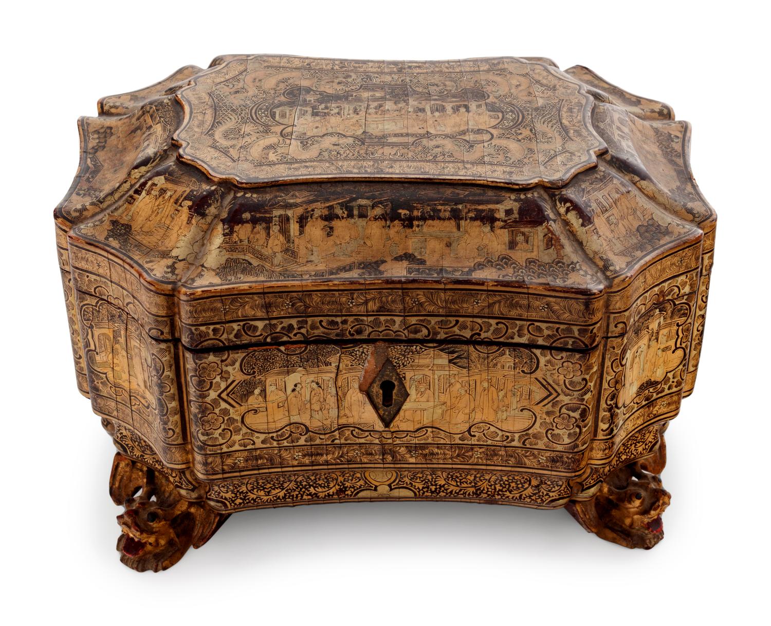 A Chinese Export Gilt Decorated Black Lacquer Tea Caddy