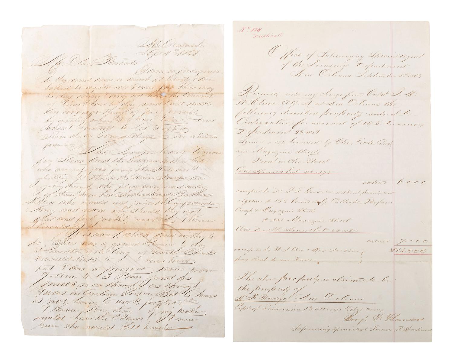 [CIVIL WAR]. Documents related to the occupation of New Orleans and Union troops in Louisiana.