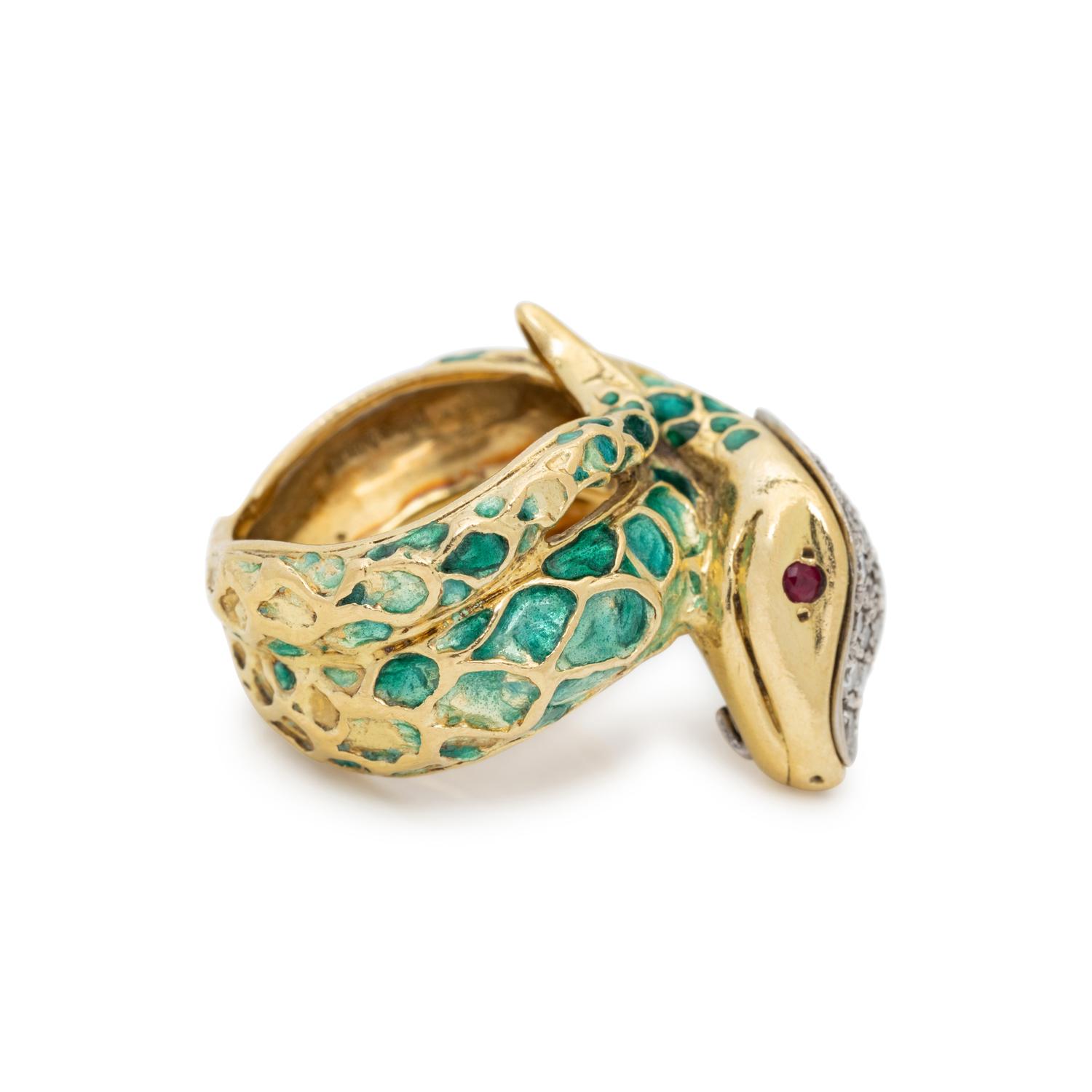 BORIS LEBEAU, ENAMEL, DIAMOND AND RUBY SNAKE RING