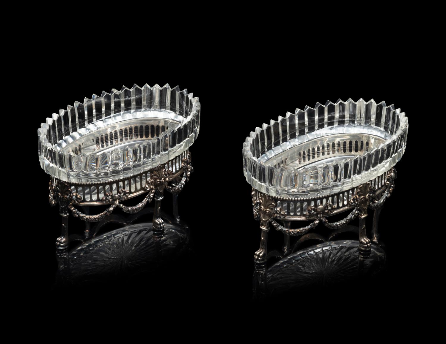 A Pair of German Silver and Cut Glass Oval Bowls