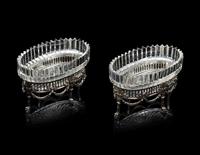 A Pair of German Silver and Cut Glass Oval Bowls