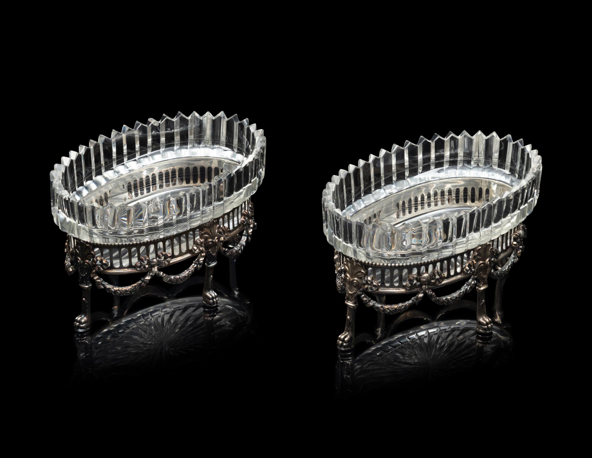 A Pair of German Silver and Cut Glass Oval Bowls