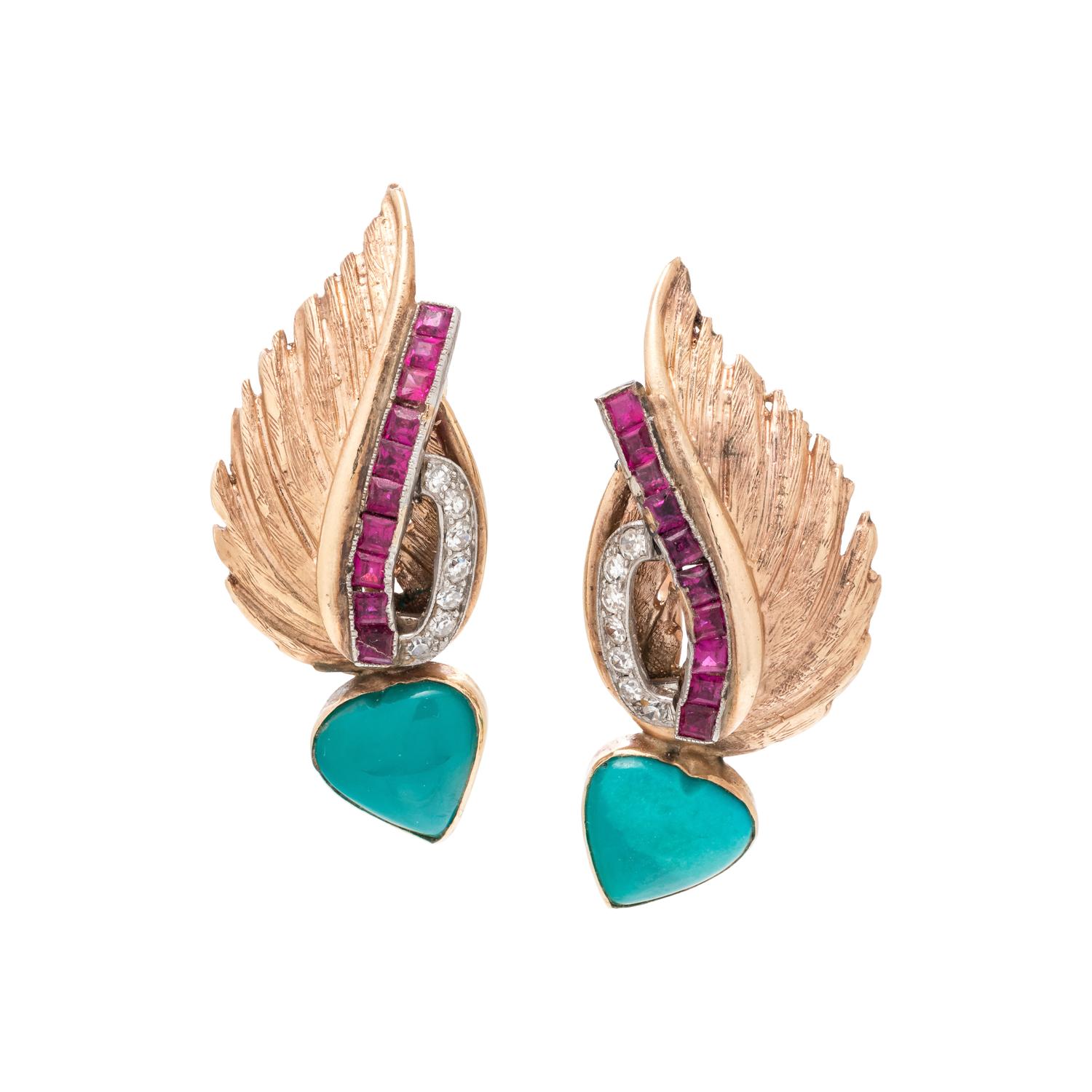 YELLOW GOLD, TURQUOISE, RUBY AND DIAMOND EARCLIPS