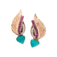 YELLOW GOLD, TURQUOISE, RUBY AND DIAMOND EARCLIPS