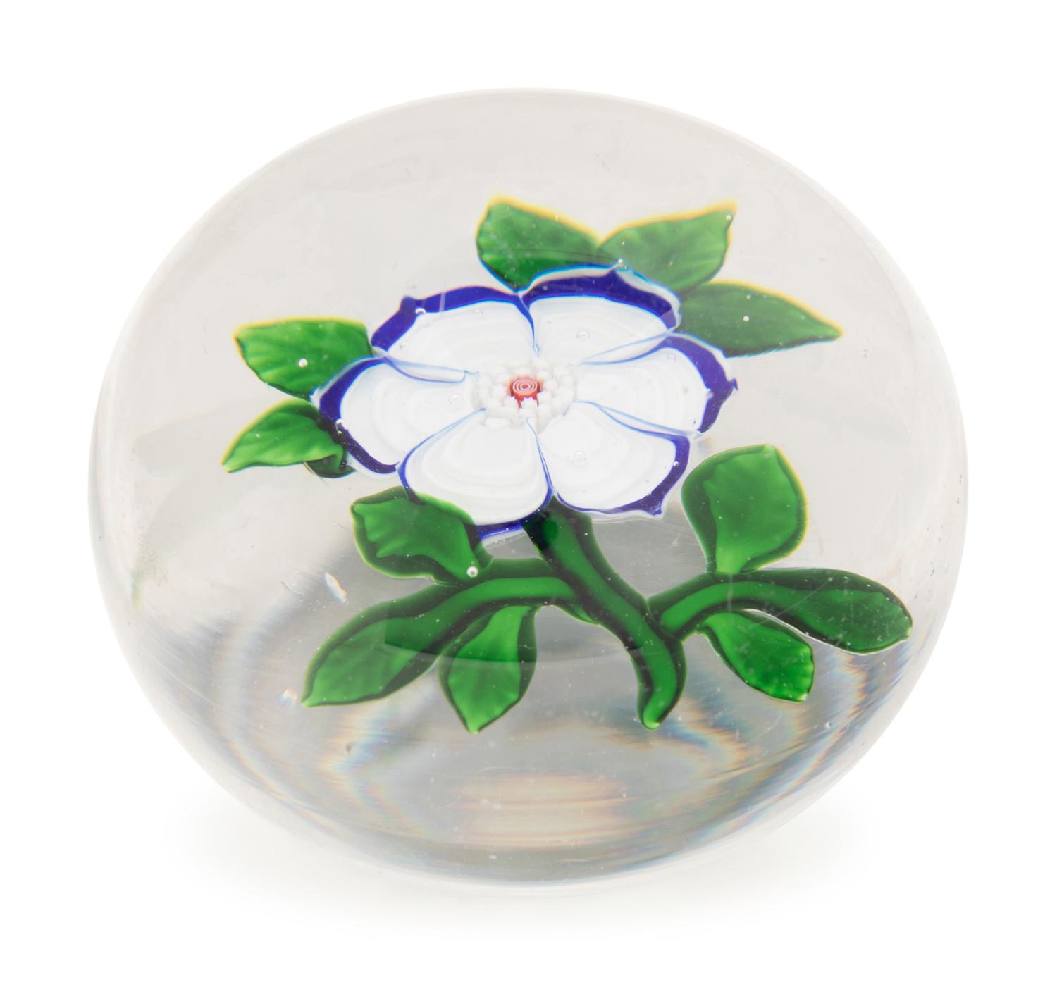 A Baccarat Blue and White Anemone Glass Paperweight