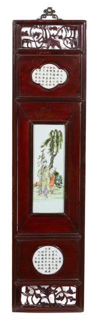 A Set of Four Chinese Famille Rose Porcelain and Wood Panels 19TH CENTURY Height overall 42 1/4 x width 10 1/4 inches. — 19TH CENTURY