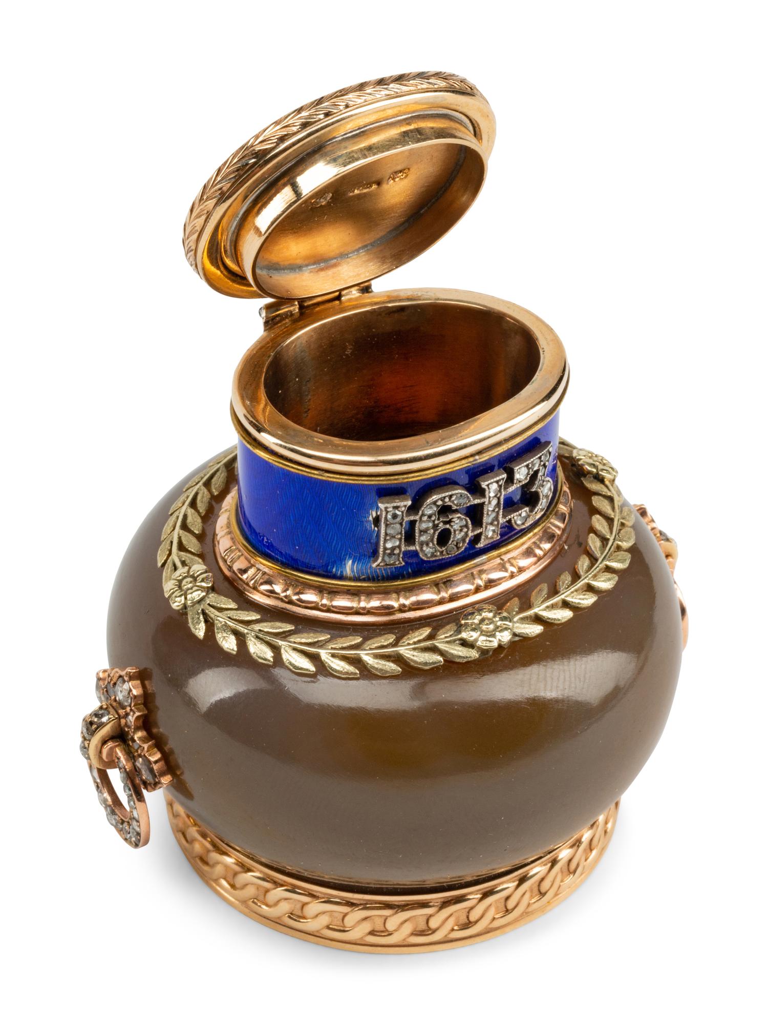 A Guilloché Enamel, Diamond and Vari-Color Gold Mounted Agate Scent Bottle