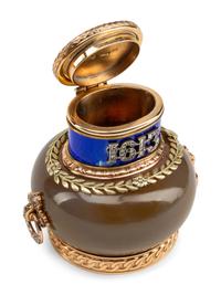 A Guilloché Enamel, Diamond and Vari-Color Gold Mounted Agate Scent Bottle