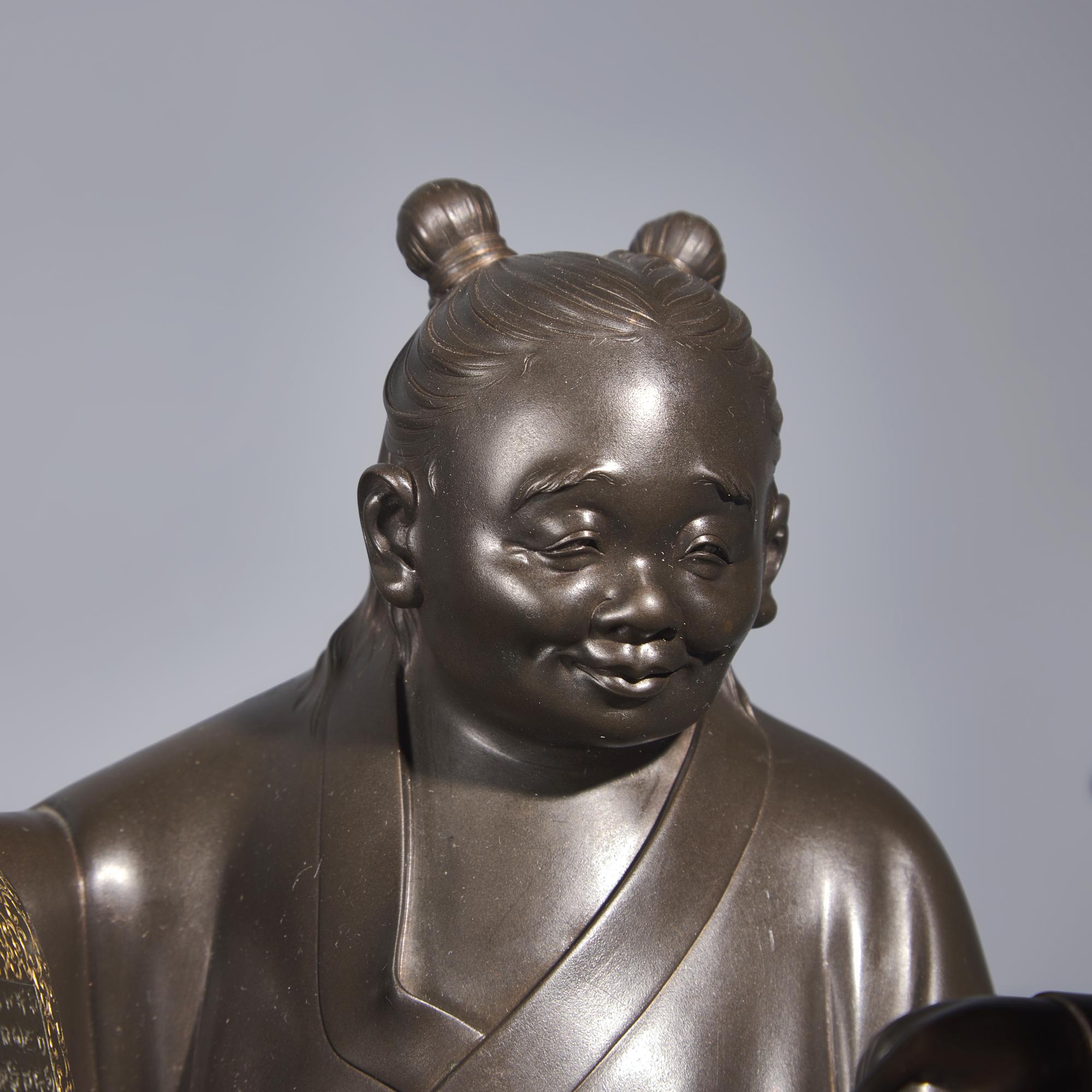 A Fine Pair of Japanese Patinated Bronze Figures of Kanzan and Jittoku, Yamashita Josetsu, Late Meiji-Taisho Period — 日本明治晚期-大正時代 正光軒如雪銅像一組