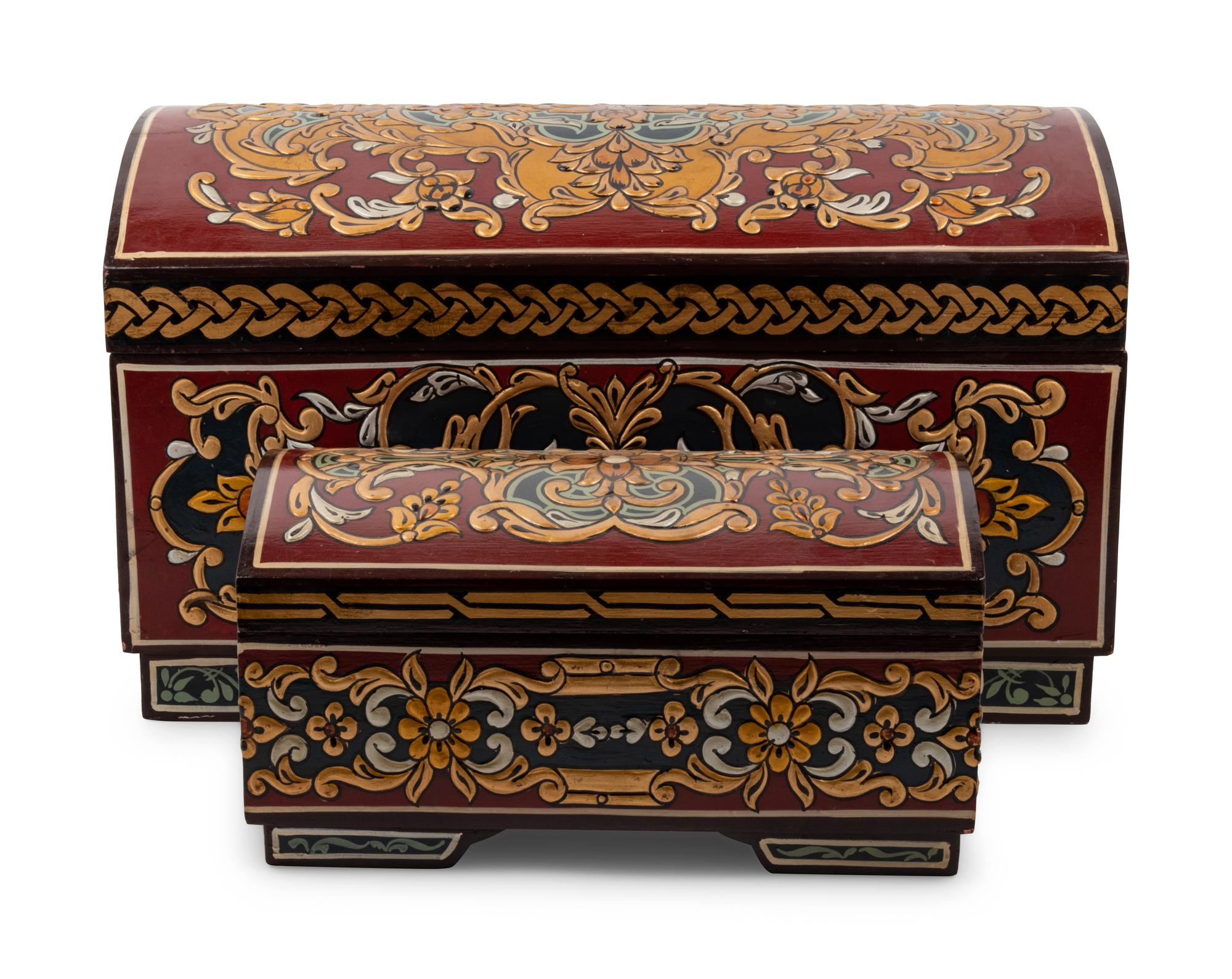 Two Syrian Carved and Polychrome-Decorated Wood Blanket Chest