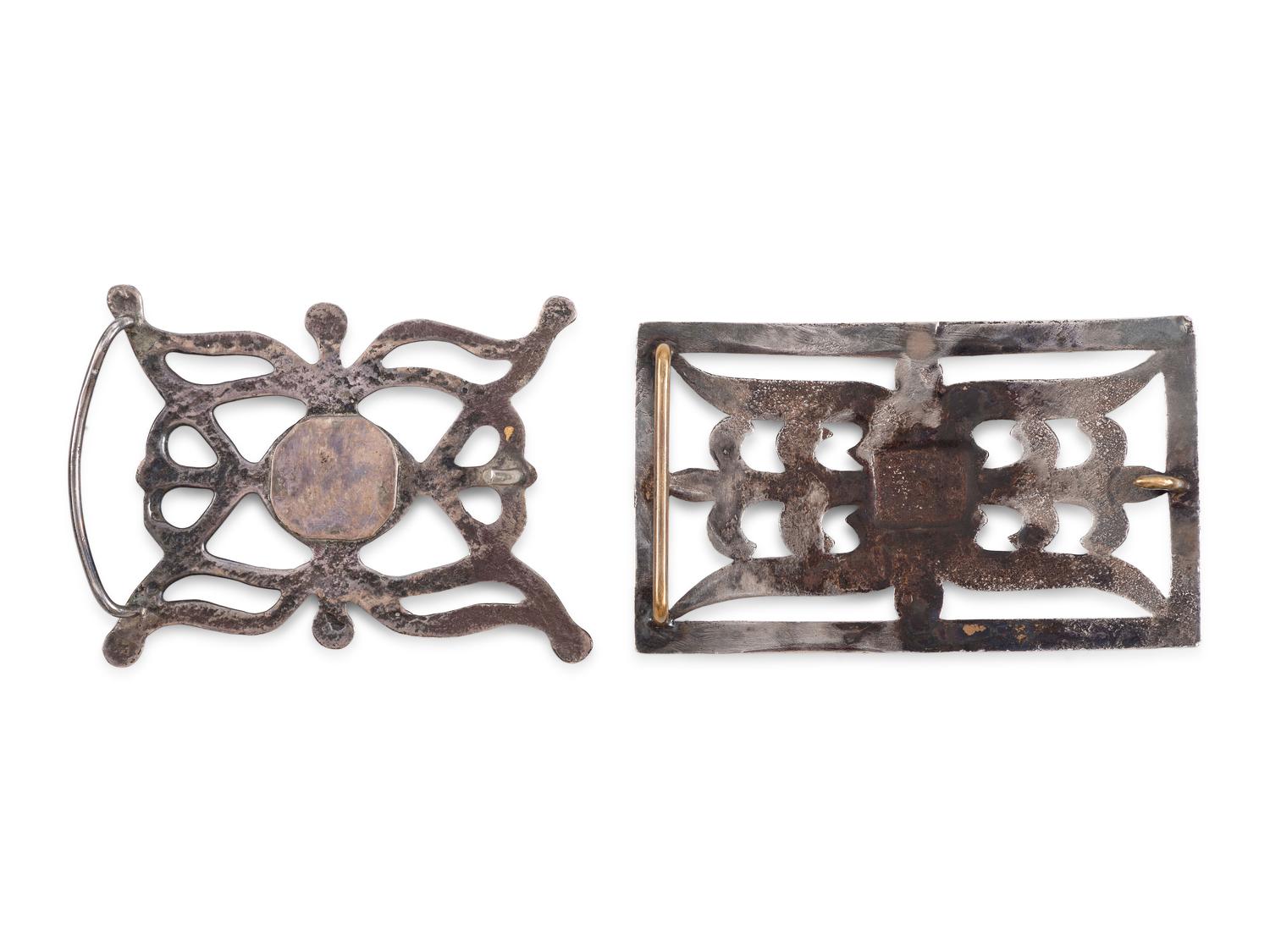 Pair of Navajo Sandcast Silver Belt Buckles