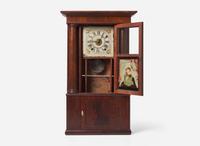 A Classical mahogany and mahogany veneer mantel clock with Andrew Jackson eglomise panel, bears printed paper label of Rodney Brace, North Bridgewater, MA, dated "1834"