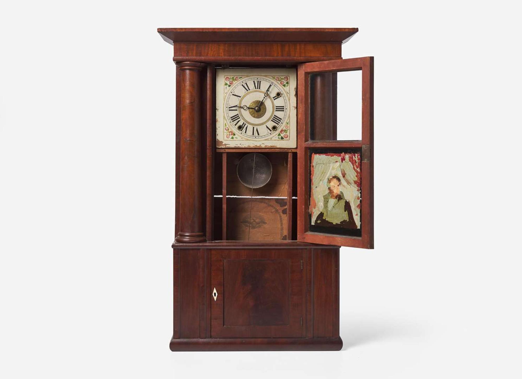 A Classical mahogany and mahogany veneer mantel clock with Andrew Jackson eglomise panel, bears printed paper label of Rodney Brace, North Bridgewater, MA, dated "1834"