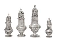 A Group of Four English Silver Casters and Muffineers