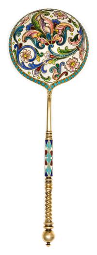 A Russian Silver-Gilt and Enamel Spoon, Mark of 11th Artel, Moscow, early 20th century, having a spherical finial on a twist handle, th