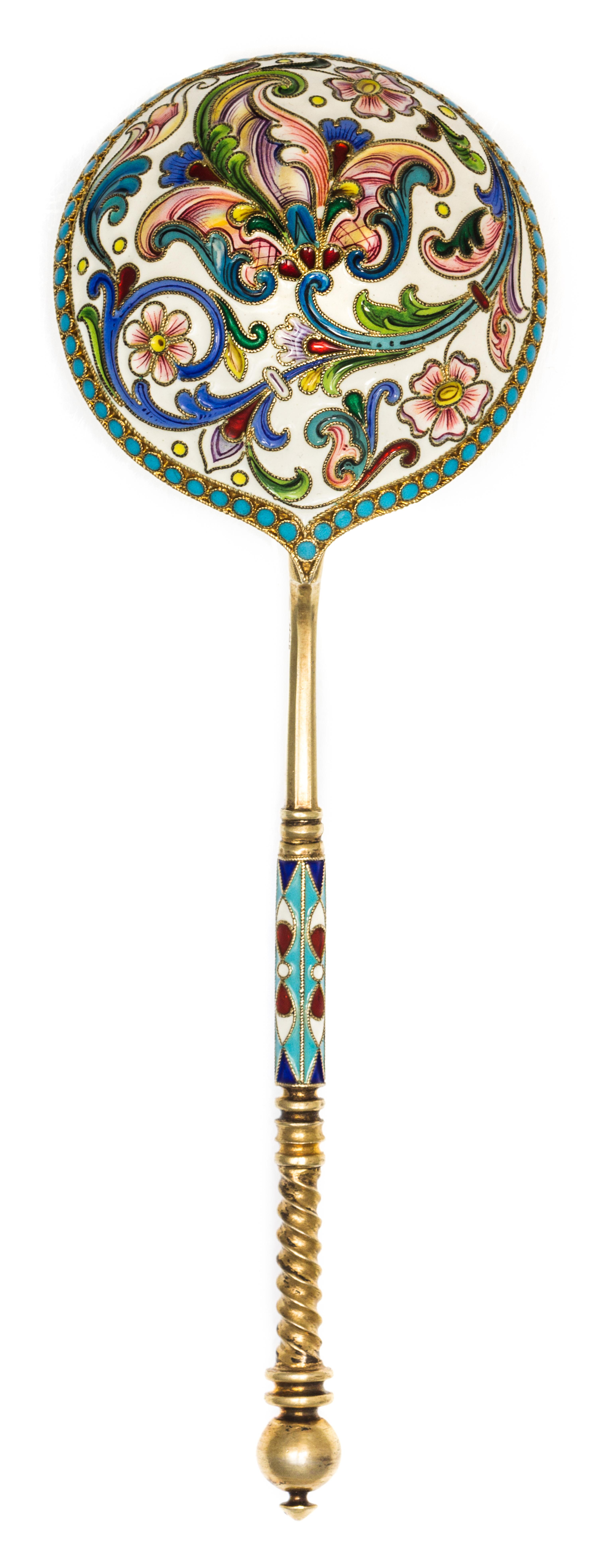 A Russian Silver-Gilt and Enamel Spoon, Mark of 11th Artel, Moscow, early 20th century, having a spherical finial on a twist handle, th