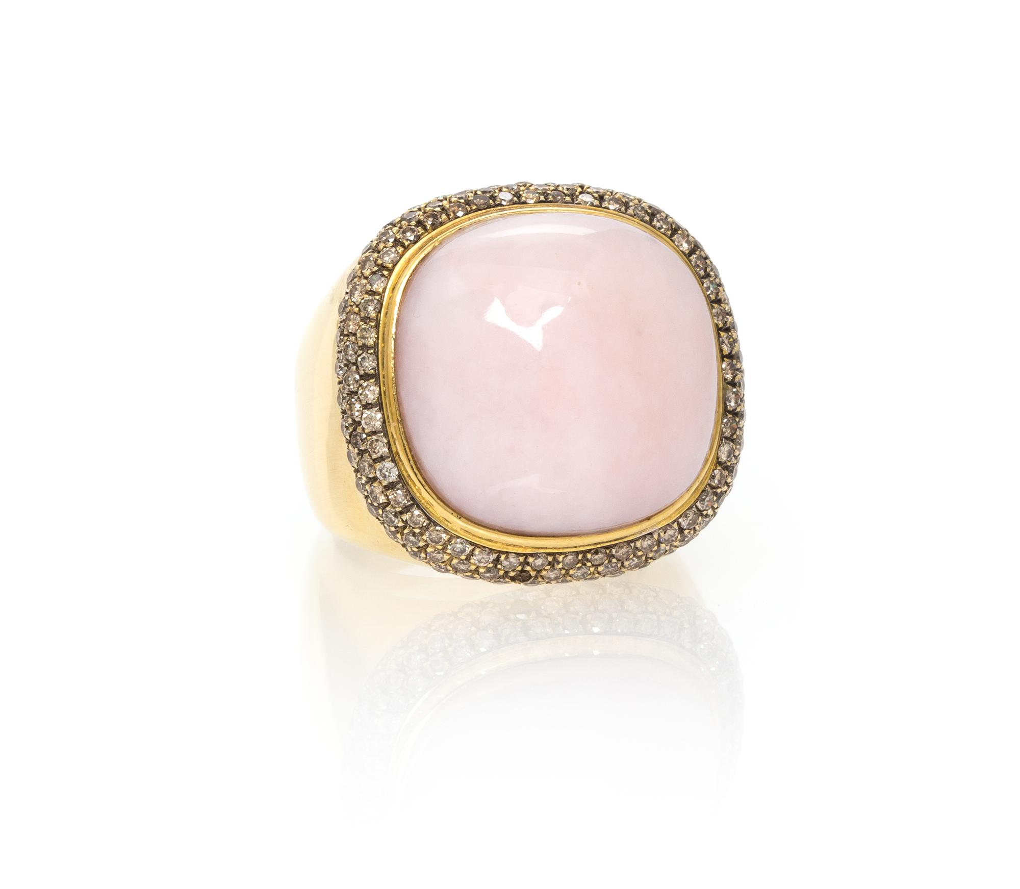 An 18 Karat Yellow Gold, Pink Opal and Colored Diamond Ring, 14.40 dwts.