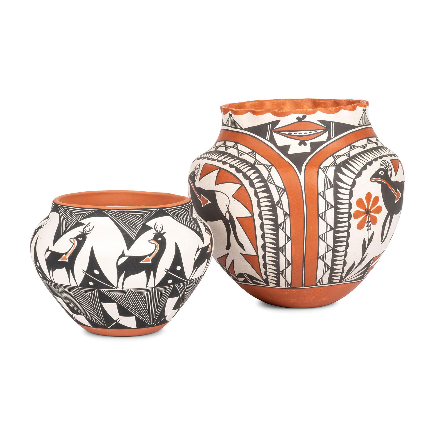 Acoma Pottery Jars, with Deer and Bighorn Heartline Designs