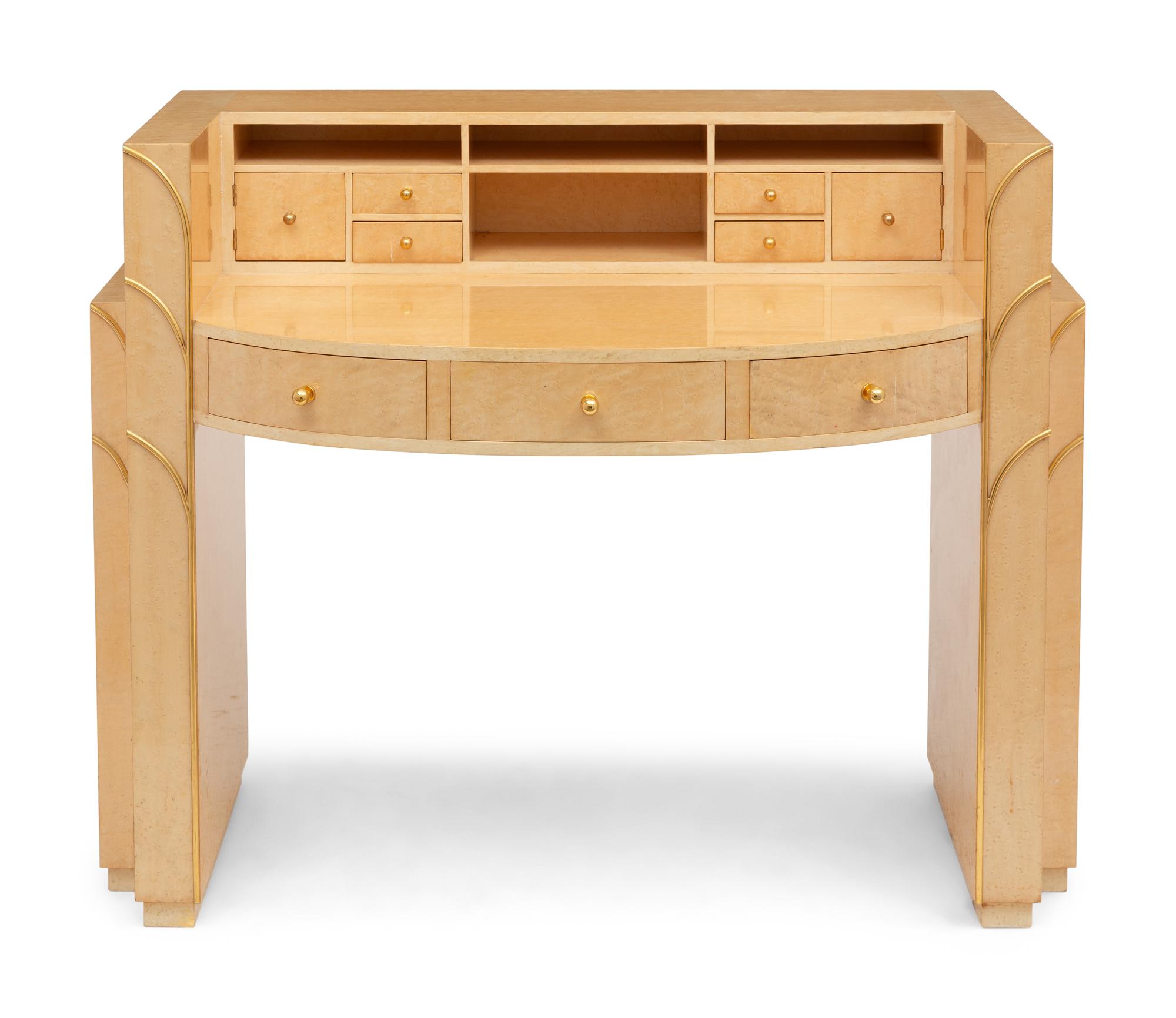 An Art Deco Style Brass Mounted Birdseye Maple Dressing Table