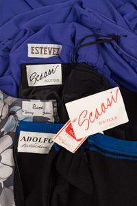 Four Designer Dresses: Estevez, Scaasi, Adolfo, and Bessi, 1970-80s