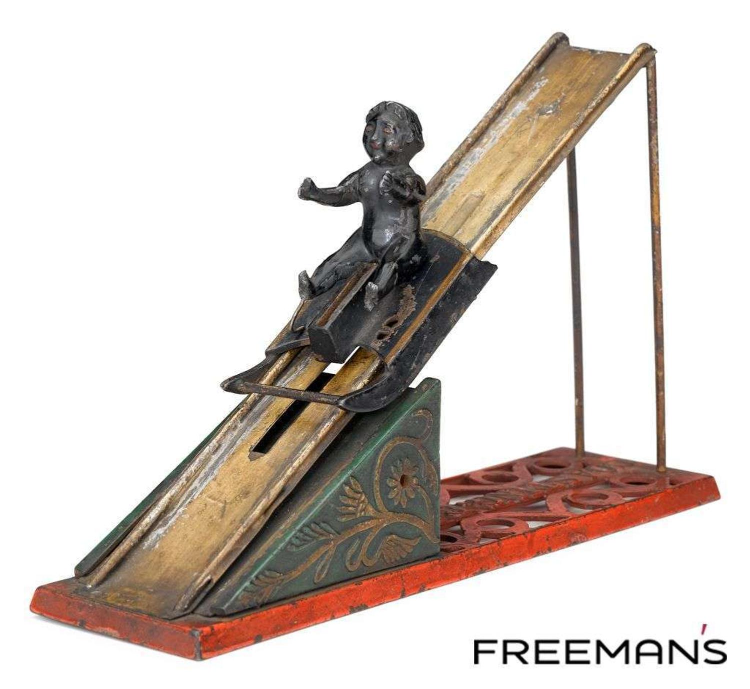 An extremely rare painted cast iron and lead mechanical "Coasting Bank" design attributed to charles a. bailey (1848-1926) for j. & e. stevens co., cromwell
