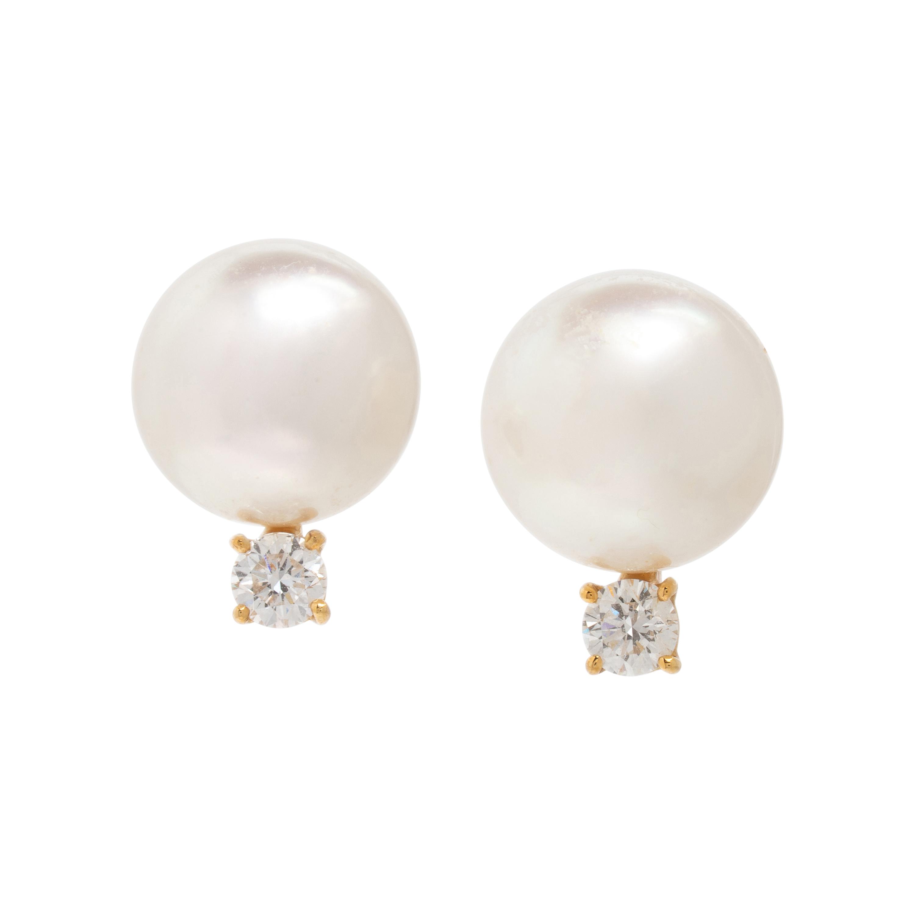Cultured Pearl, Diamond, and Yellow Gold Earrings