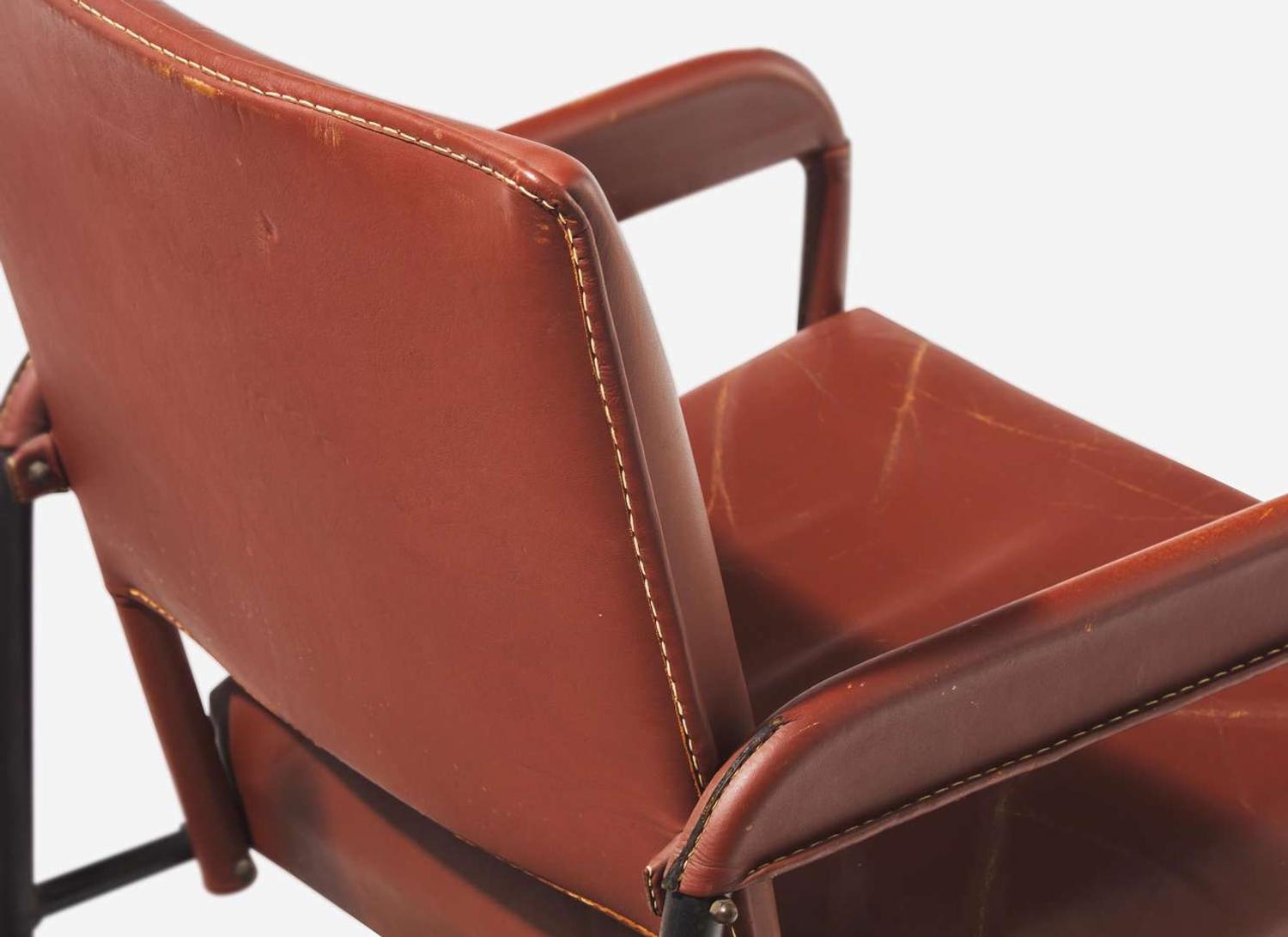 Jacques Adnet, Pair of Leather and Iron Armchairs