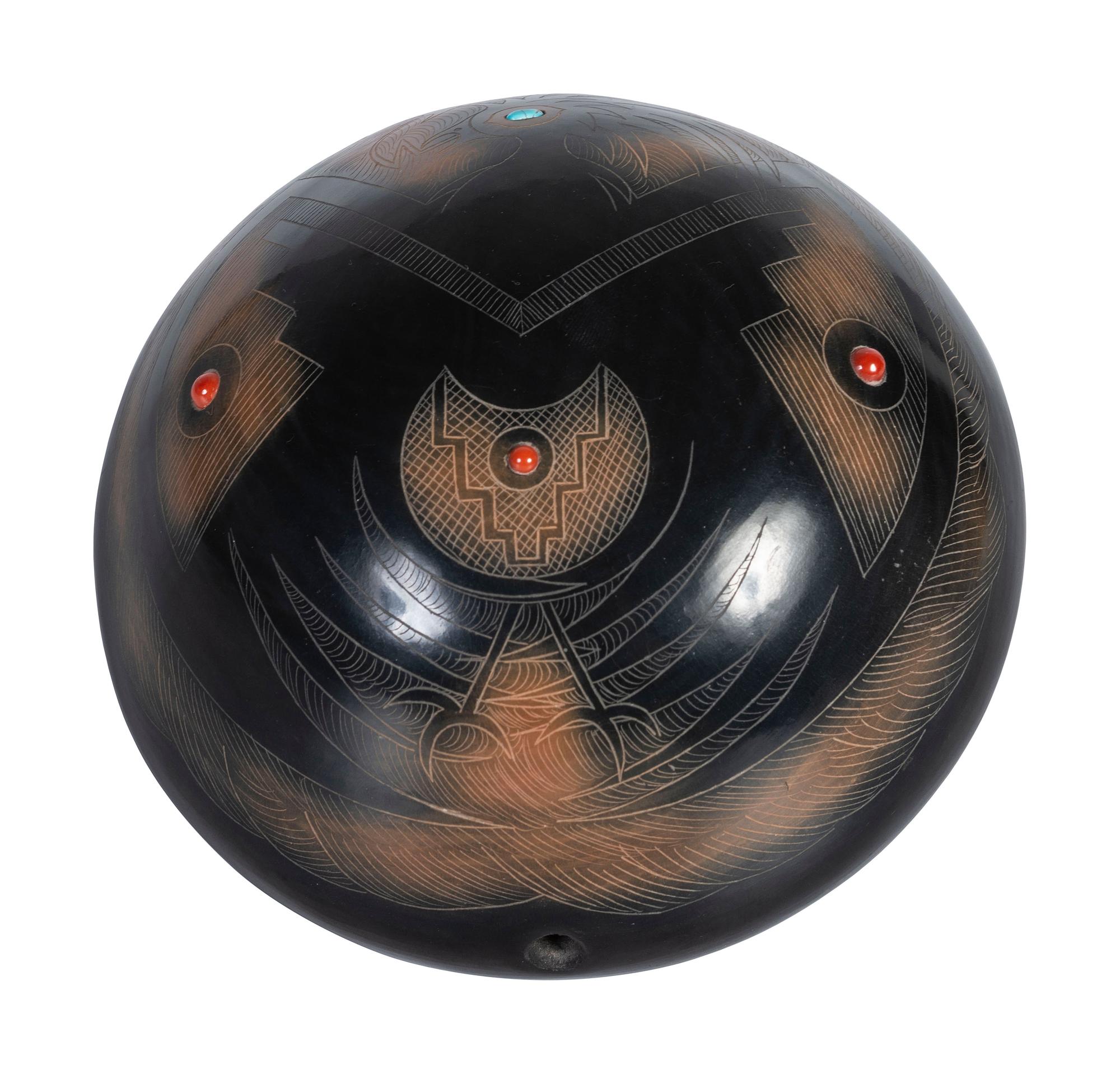 Black and Sienna Sgraffito Pottery Seed Jar, with Coral and Turquoise Beads