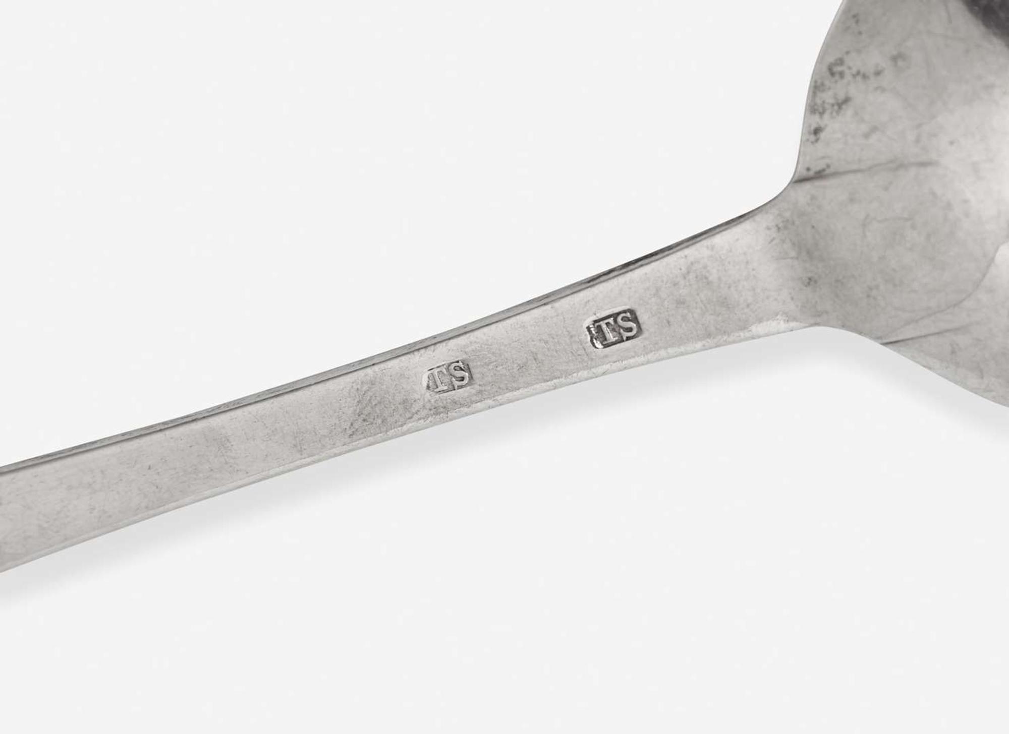 A set of five silver tablespoons, Thomas Shields (1743-1819), Philadelphia, PA, and other, circa 1780-1790