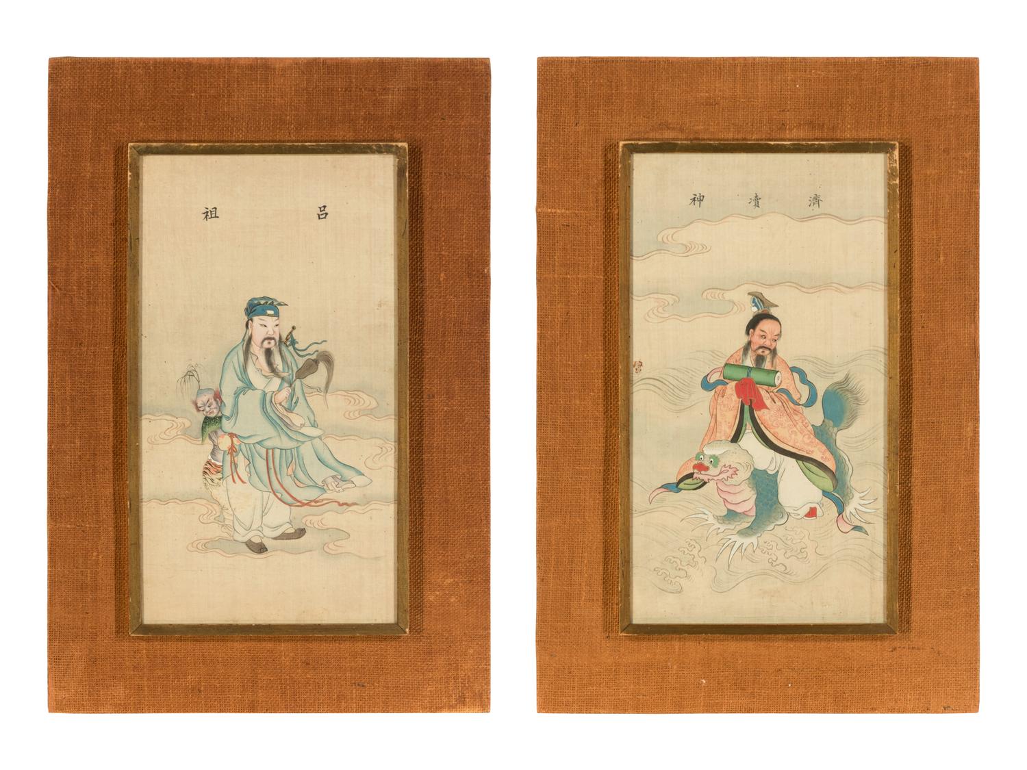 Two Chinese Ink and Color on Paintings Depicting Taoist Immortals