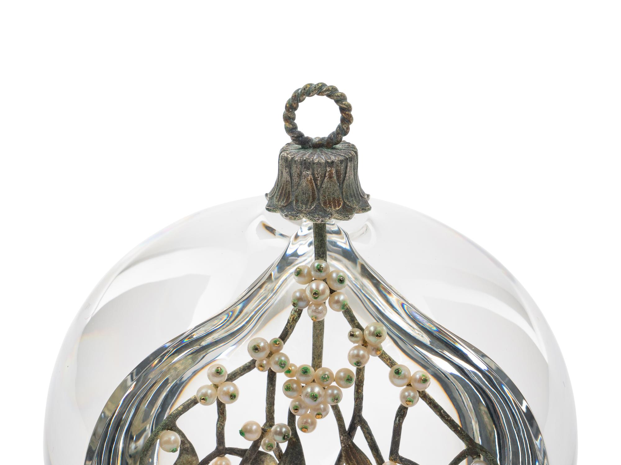 A Steuben Glass, Gilt-Metal and Pearl Mistletoe Sculpture