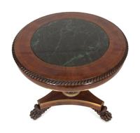 A Regency Style Mahogany and Rosewood Crossbanded Center Table with Inset Marble Top