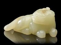 A Chinese Pale Celadon Jade Figure of a Mythical Beast, Early Qing Dynasty 清早期 青白玉瑞獸