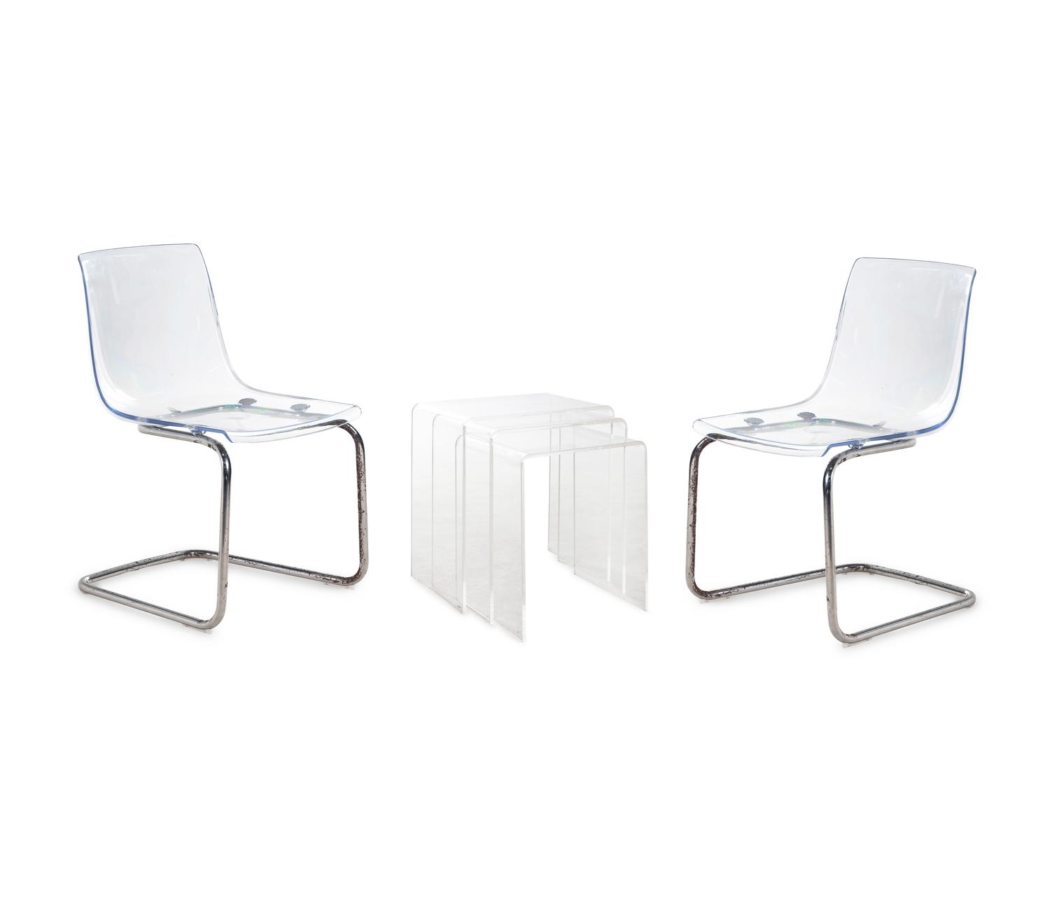 A Set of Three Contemporary Acrylic Nesting Tables and a Pair of Similar Side Chairs