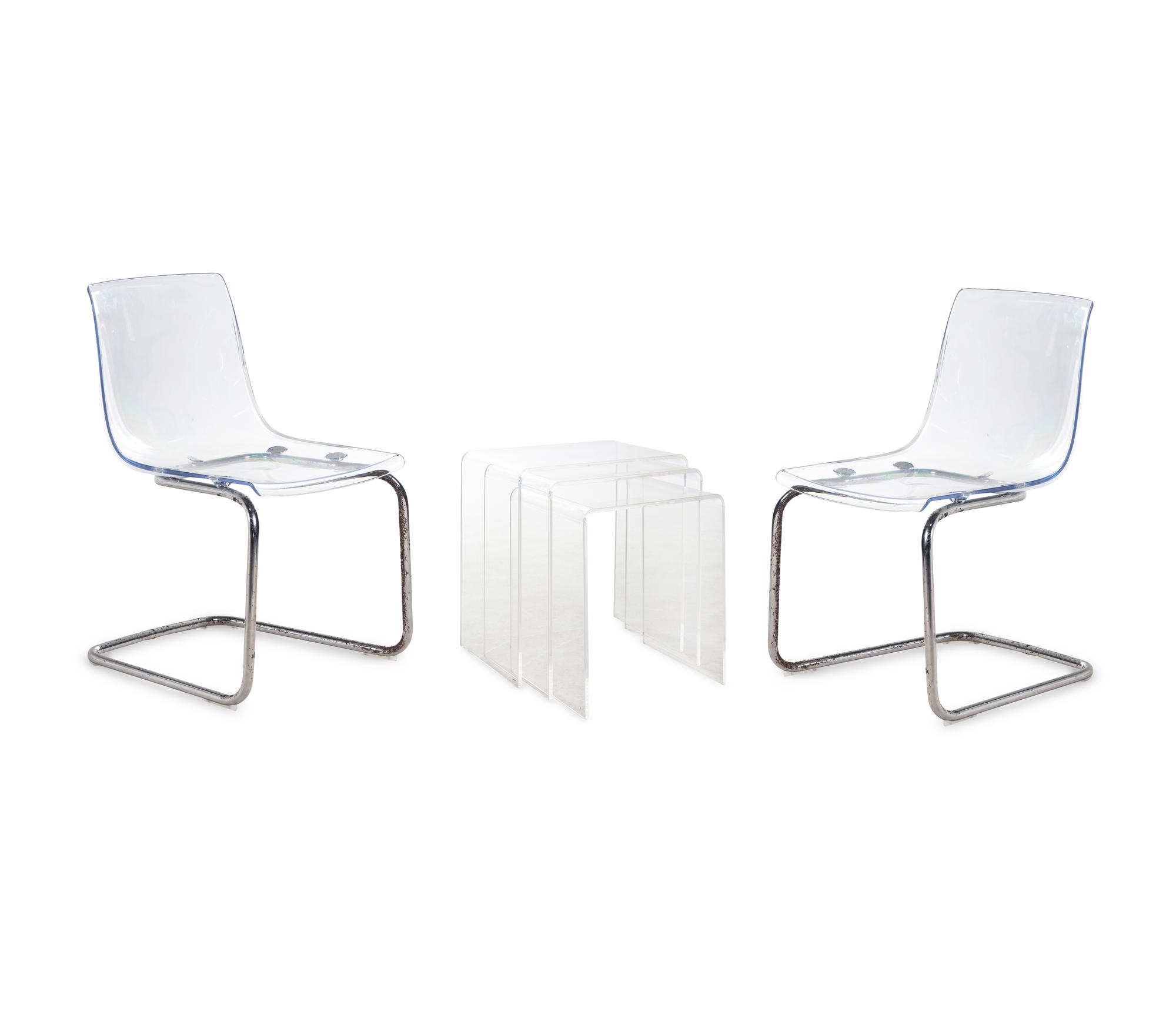 A Set of Three Contemporary Acrylic Nesting Tables and a Pair of Similar Side Chairs