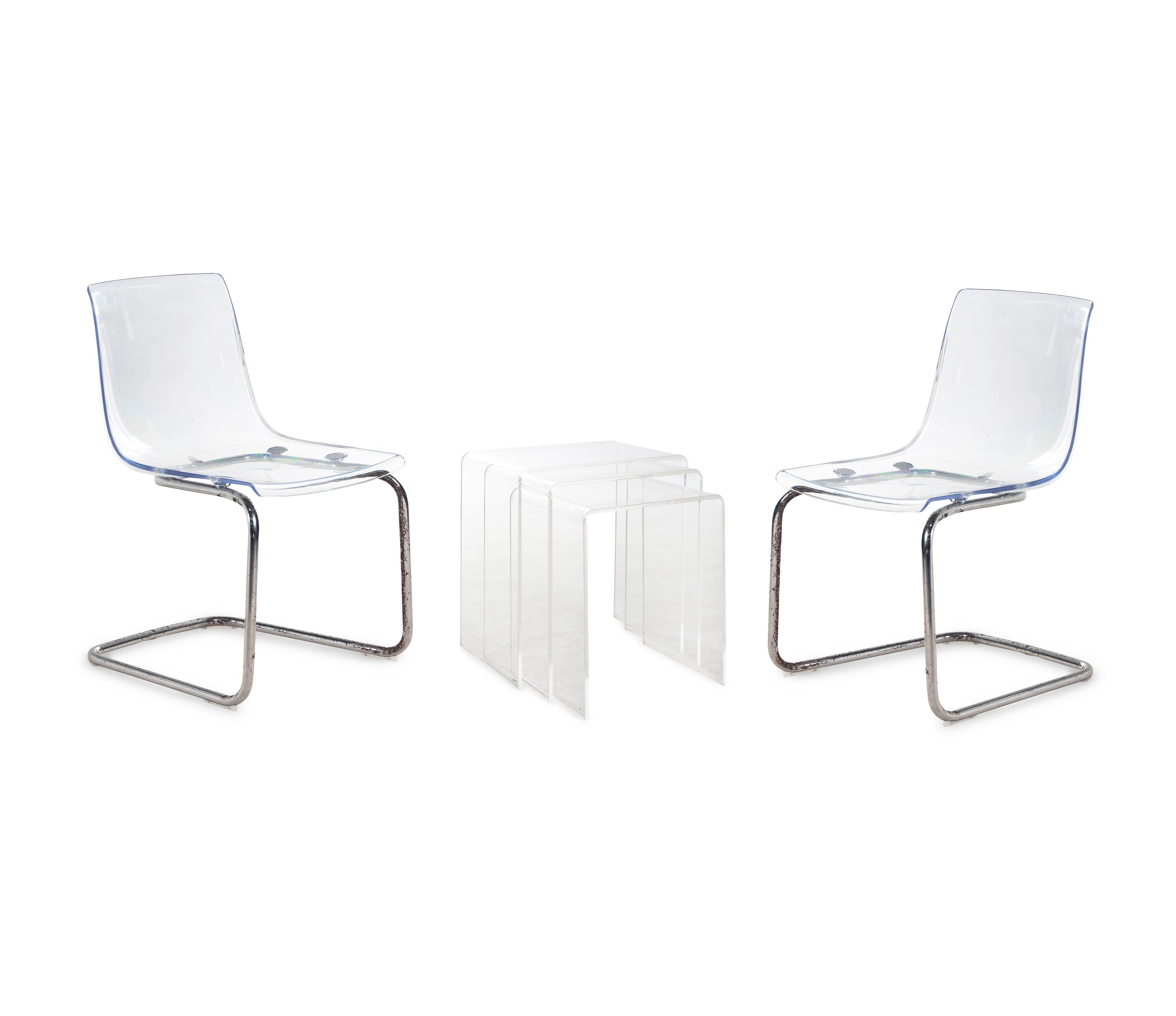 A Set of Three Contemporary Acrylic Nesting Tables and a Pair of Similar Side Chairs