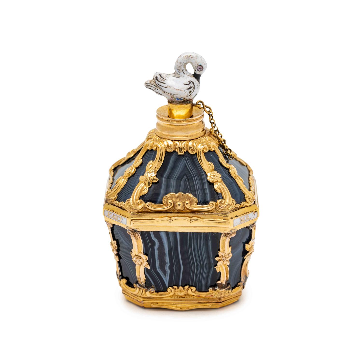 A George III Gold-Mounted Agate and Enameled Scent Bottle, Snuff Box and Patch Box