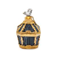 A George III Gold-Mounted Agate and Enameled Scent Bottle, Snuff Box and Patch Box