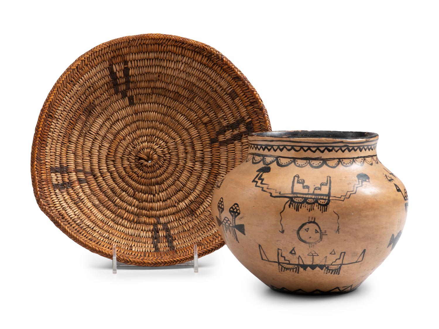 Cochiti Figural Pottery Jar and Navajo Basket