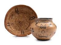Cochiti Figural Pottery Jar and Navajo Basket