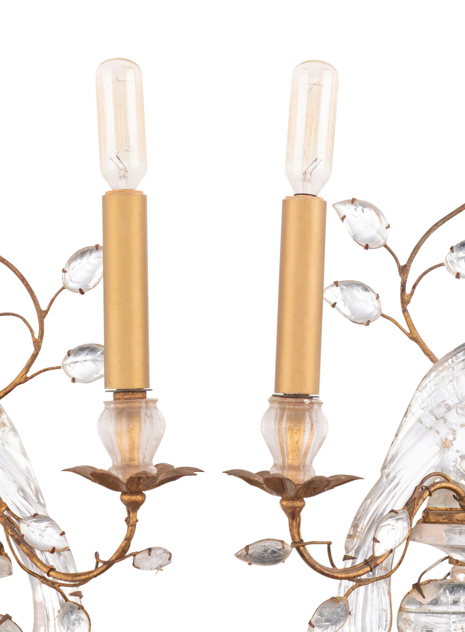 A Pair of Gilt Metal and Rock Crystal Two-Light Sconces