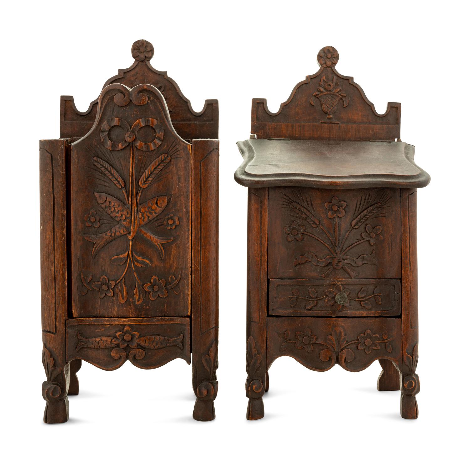 A Pair of French Provincial Walnut Hanging Salt Boxes