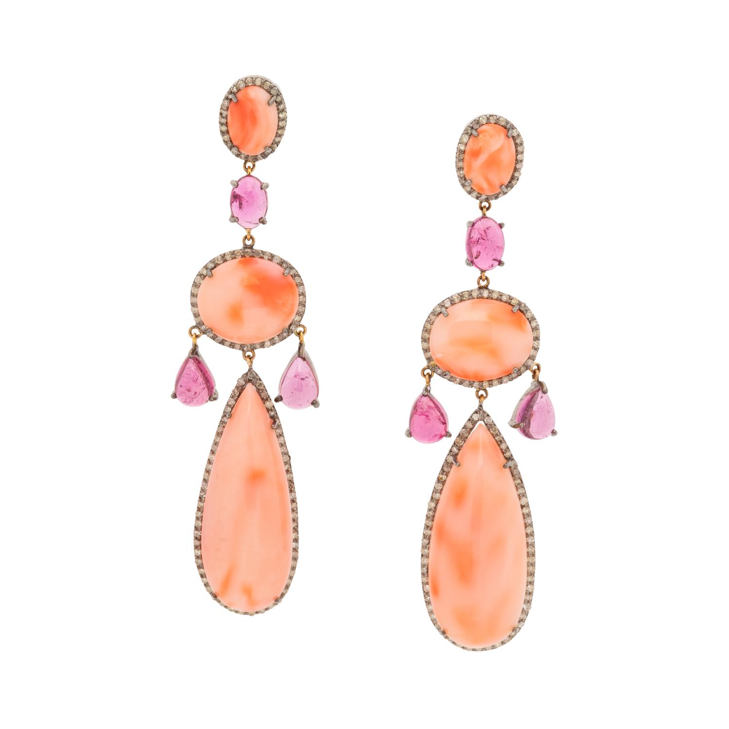 CORAL, PINK TOURMALINE AND DIAMOND EARRINGS