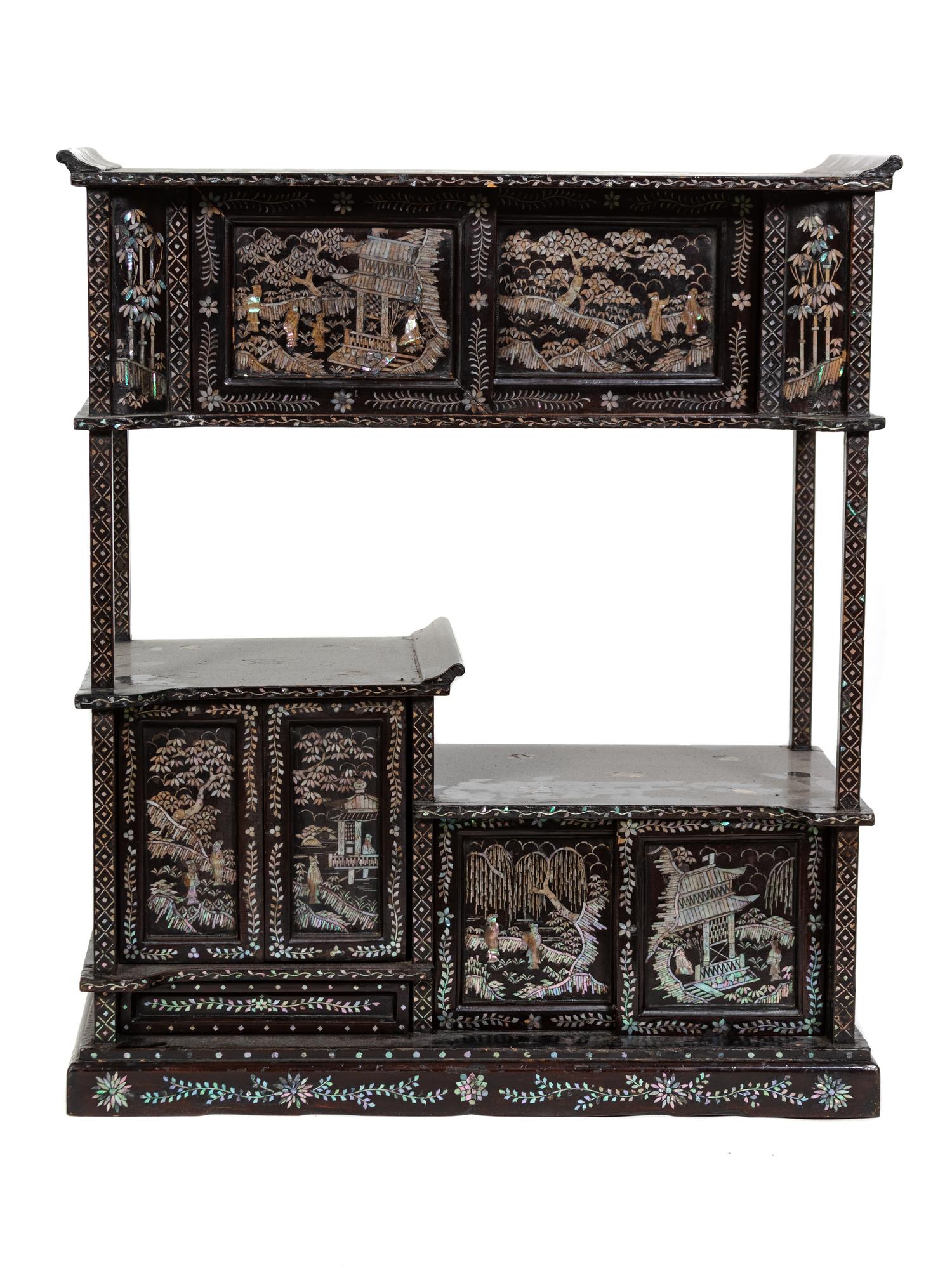 An Asian Black Laquer and Mother-of-Pearl Inlay Small Etagere