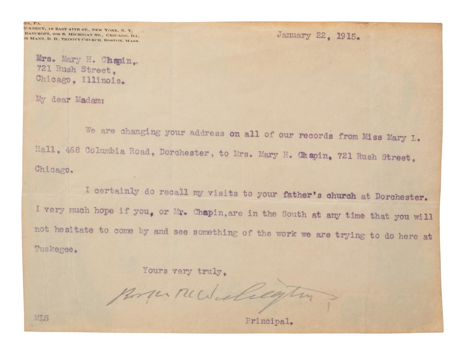 WASHINGTON, Booker T. (1856-1915). TLS to Mary H. Chapin (1847-1935), Tuskegee, AL, 22 January 1915.