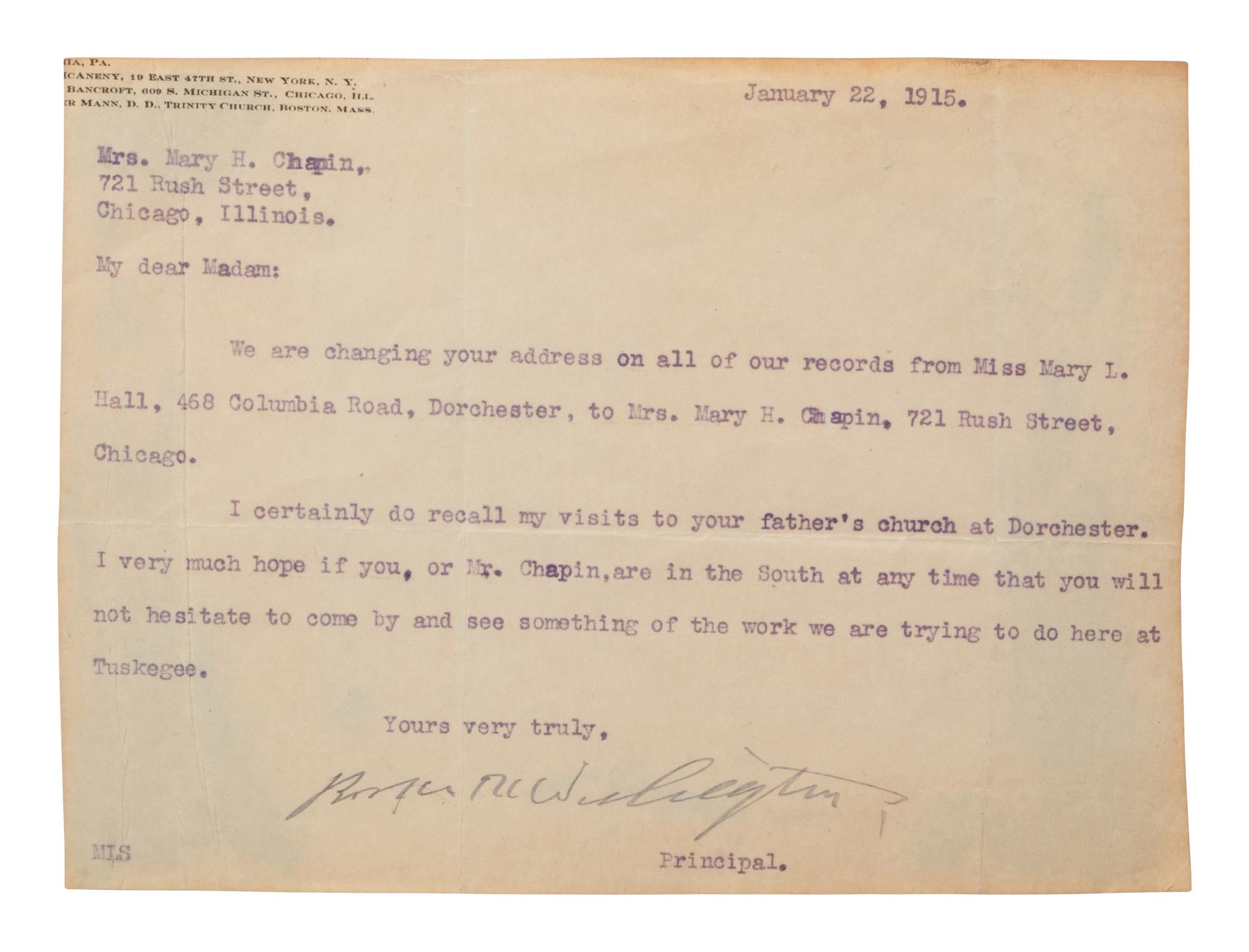 WASHINGTON, Booker T. (1856-1915). TLS to Mary H. Chapin (1847-1935), Tuskegee, AL, 22 January 1915.