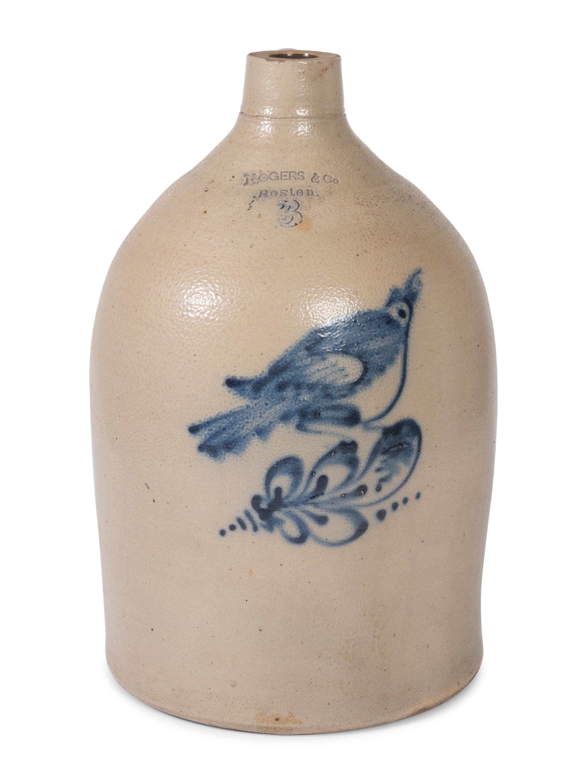 A Rogers & Co. Cobalt-Decorated Three-Gallon Stoneware Jug