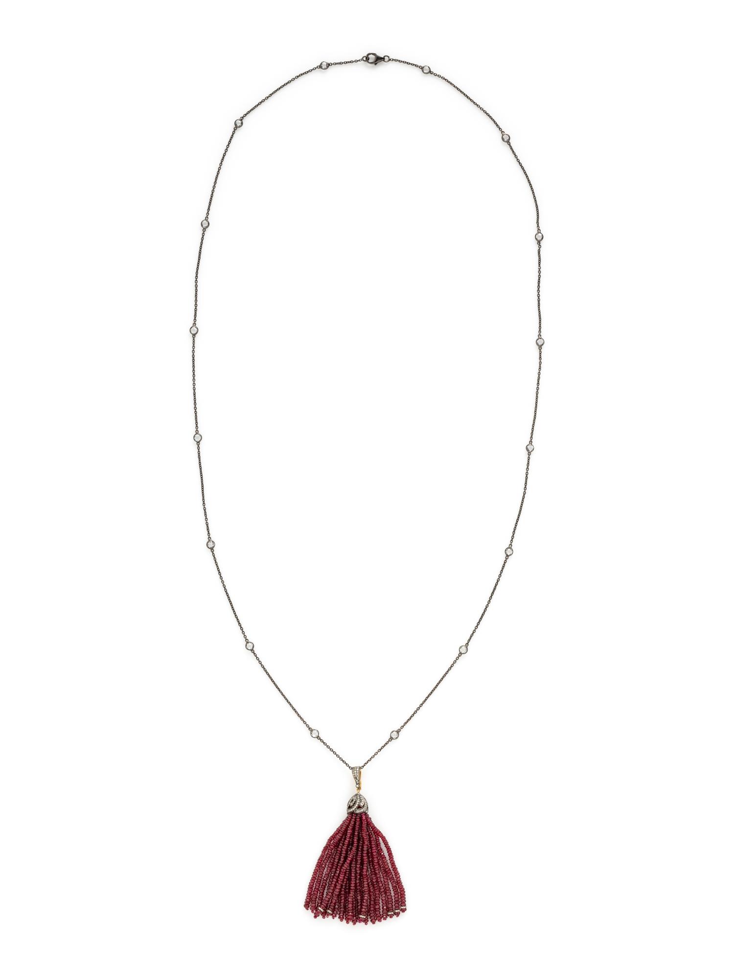 DIAMOND, ROCK CRYSTAL, AND RUBY TASSEL NECKLACE